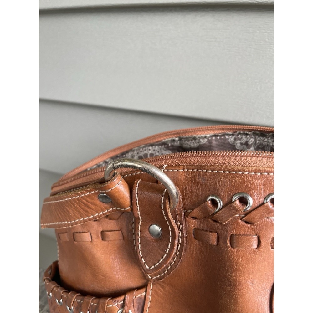 American West Embossed Tooled Leather Western Style Brown Tan Handbag Purse Bag - Picture 11 of 16